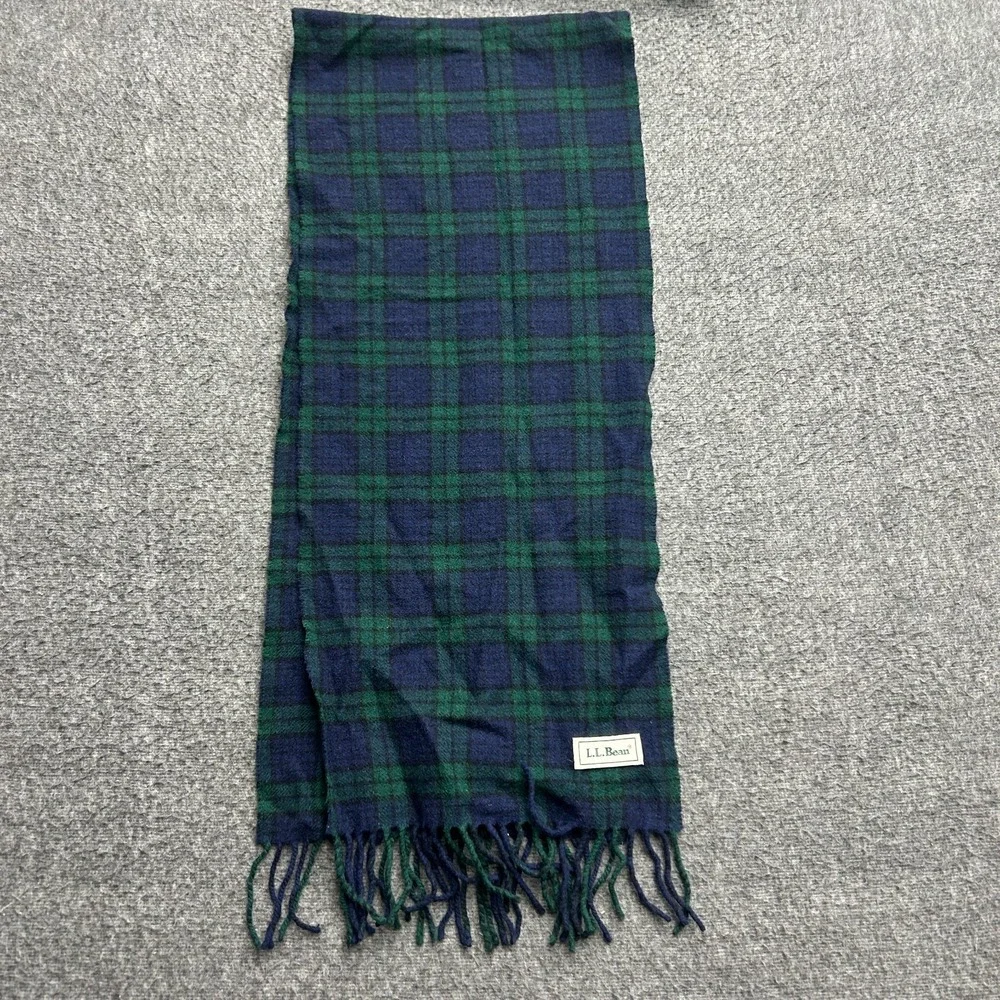 LL‎ Bean Italian Wool Blend Plaid Scarf Fringe Trim Navy Made In Italy Tartan